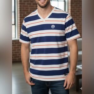 ILANCO Edmonton Oilers NHL Striped V-Neck T-Shirt - Large - Y2K/Retro Era